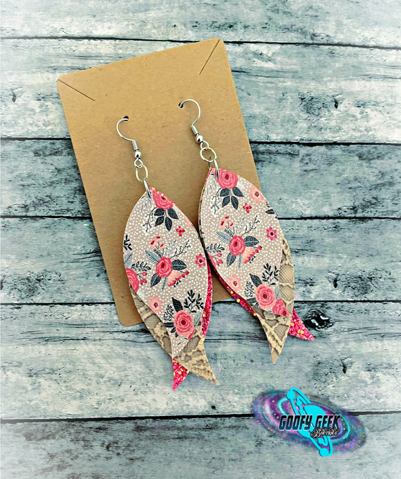Gray & Pink Floral Dangle Earrings